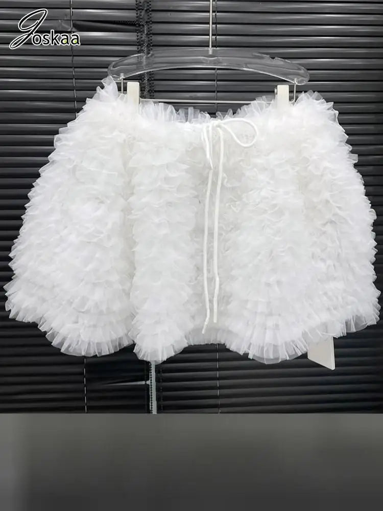 Women's Mesh Mini Puffy Drawstring Waist Skirt White – Front View