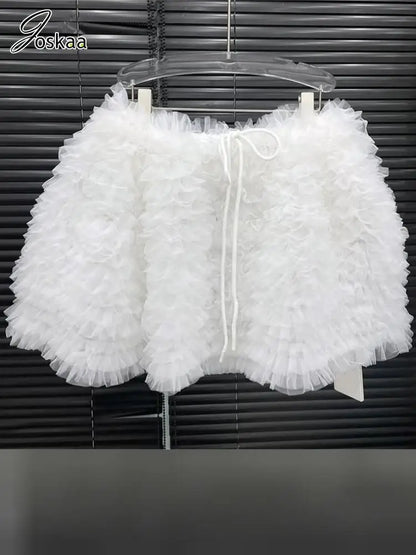 Women's Mesh Mini Puffy Drawstring Waist Skirt White – Front View