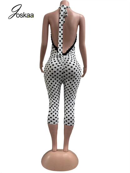 Women's Polka Dot Backless Halter Romper Black – Detail View