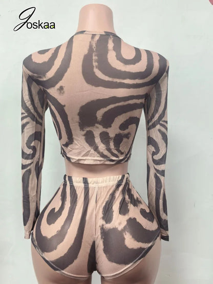 Women's Swirl Print Mesh Long Sleeve High Waist Two Piece Set 0141 - Model Wearing Style