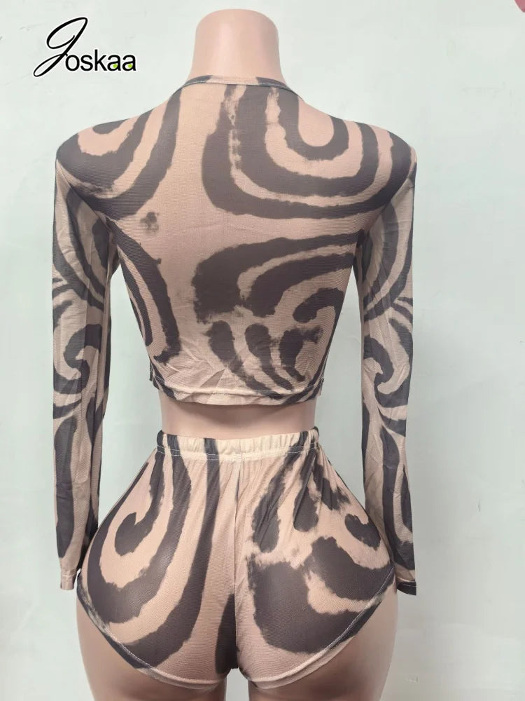 Women's Swirl Print Mesh Long Sleeve High Waist Two Piece Set 0141 - Model Wearing Style