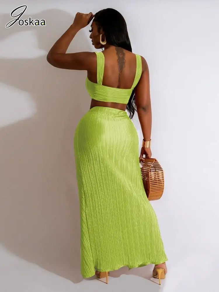 Women's Crop Pleated Solid Wrapped Two Piece Set light green – Front View