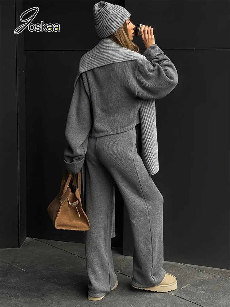 Women's Knit Long Sleeve Ribbed Zip Wide Two Piece Set Gray – Front View