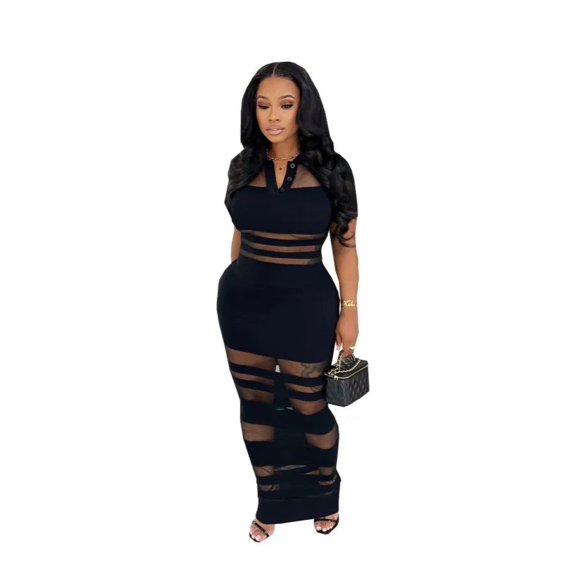Women's Mesh Short Sleeve Bodycon Maxi Dress