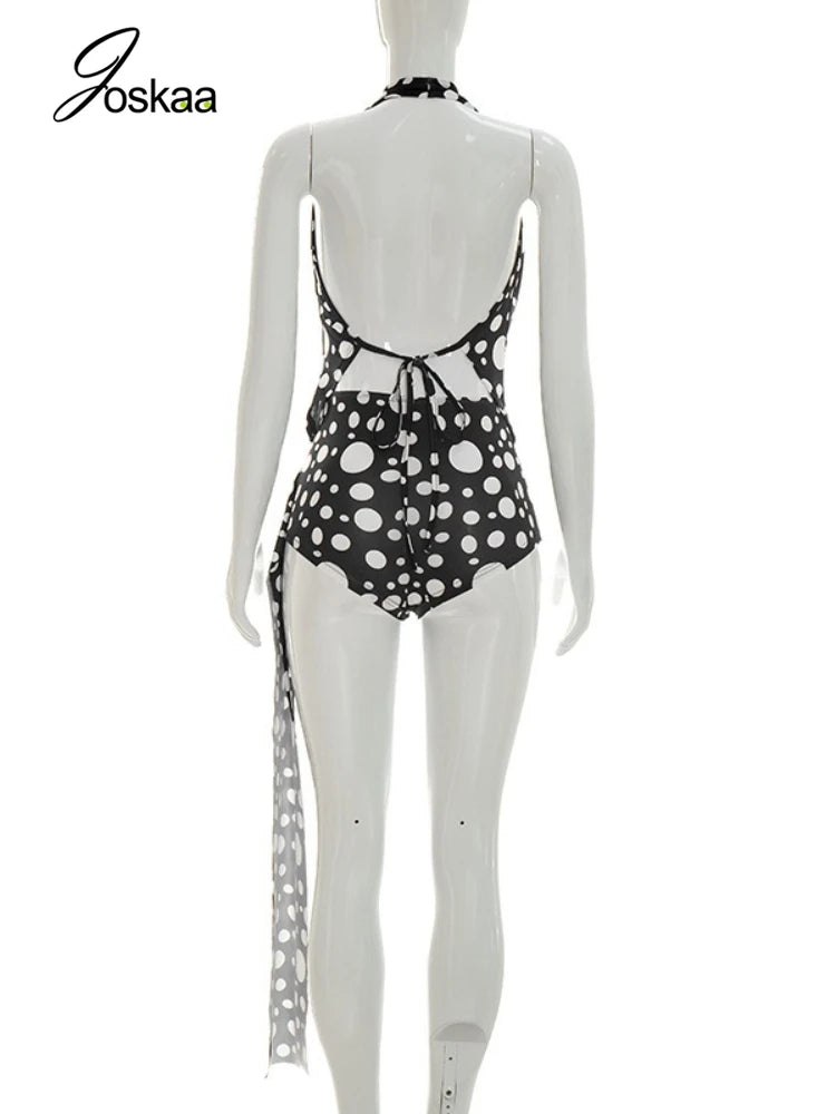 Women's Polka Dot Backless Halter Two Piece Set Black – Detail View