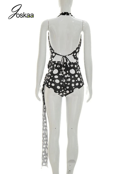 Women's Polka Dot Backless Halter Two Piece Set Black – Detail View