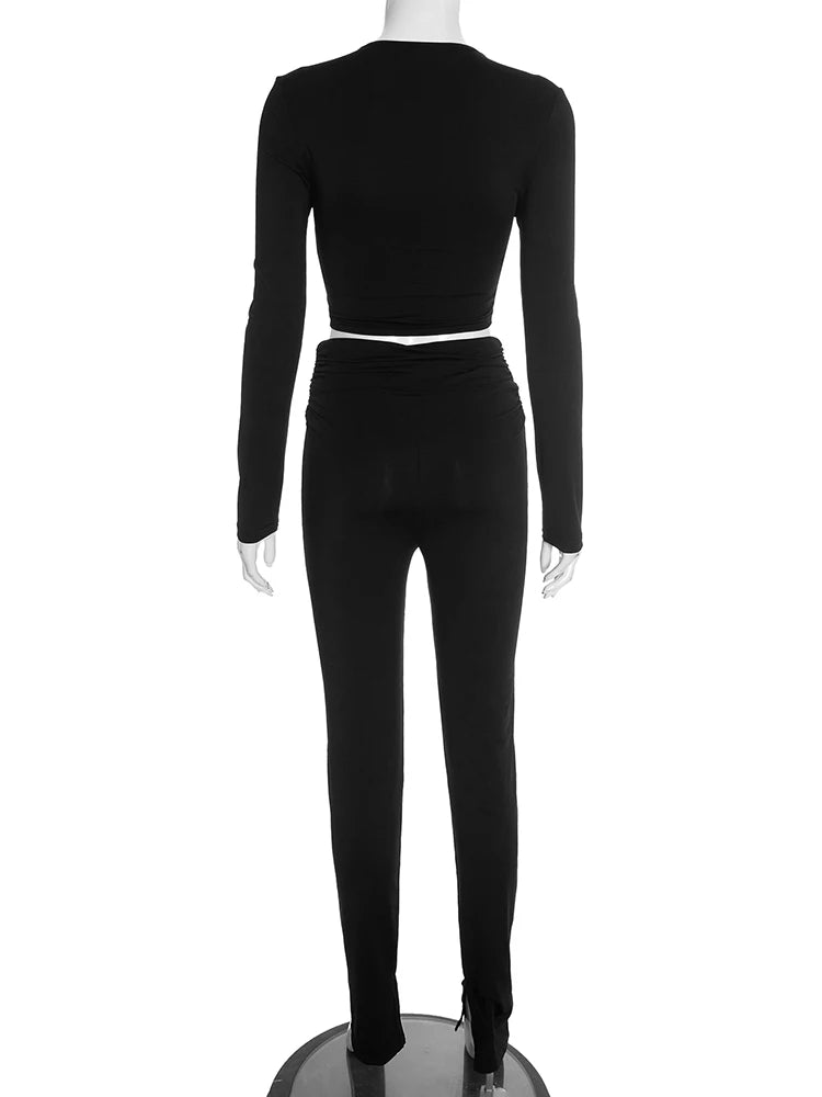 Joskaa Ruched Long Sleeve Crop High Waist Two Piece Set - two piece set image 3