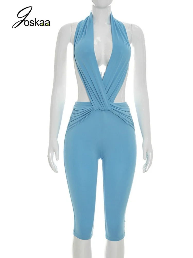 Women's Backless Halter Sleeveless Romper Yellow – Back View