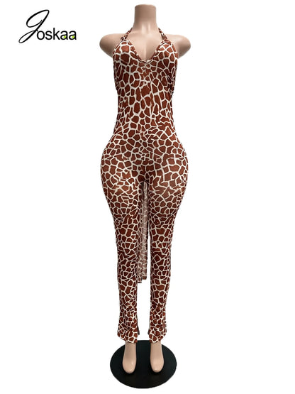 Women's Backless Halter Bodycon Flare Romper Leopard Print – Detail View