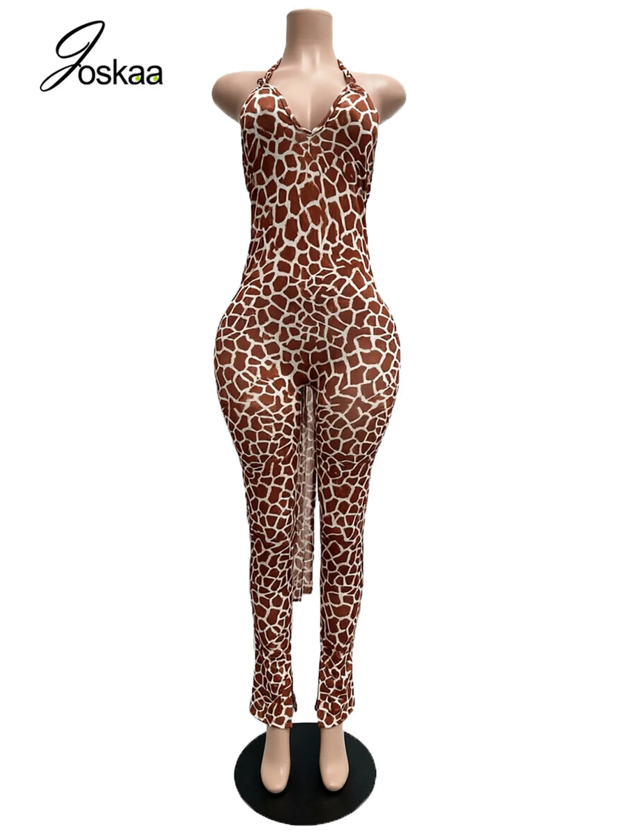 Women's Backless Halter Bodycon Flare Romper Leopard Print – Detail View