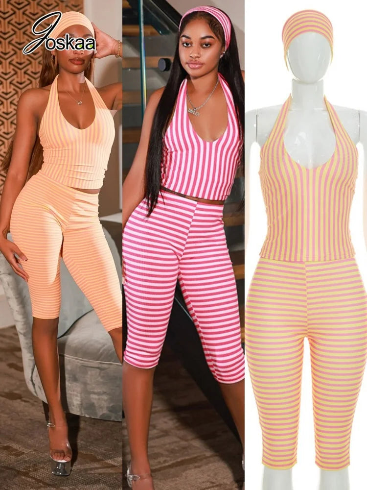 Women's Striped Backless Halter High Waist Two Piece Set - Women's Fashion Wholesale - Front View