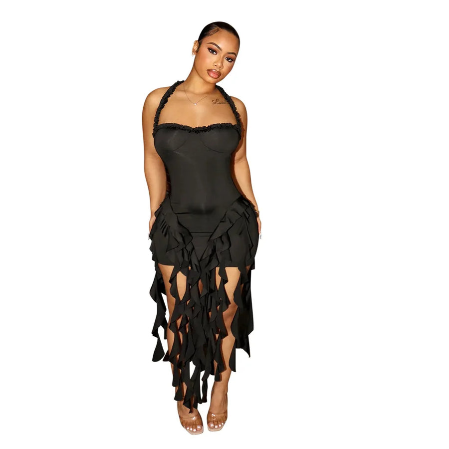 Women's Ruched Halter Solid Irregular Tassels Dress