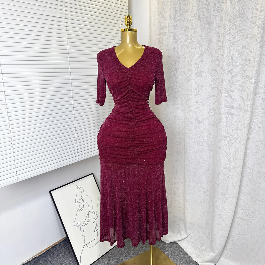 Women's Mesh Sequin Ruched V-neck Bodycon Dress - Detail View 10