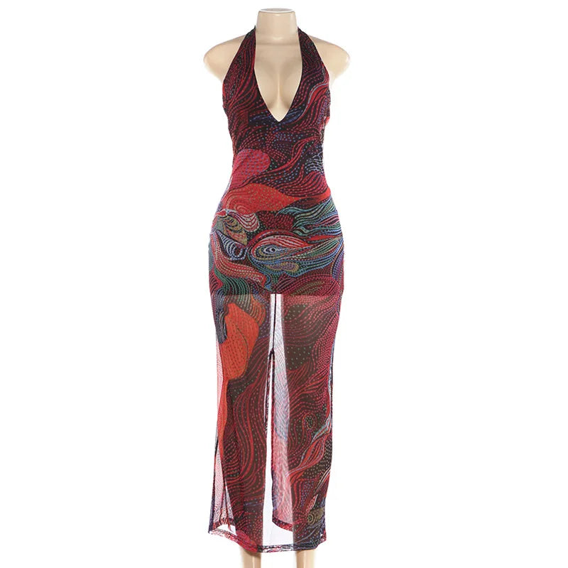 Women's Backless V-neck Halter Bodycon Maxi Dress - Back View