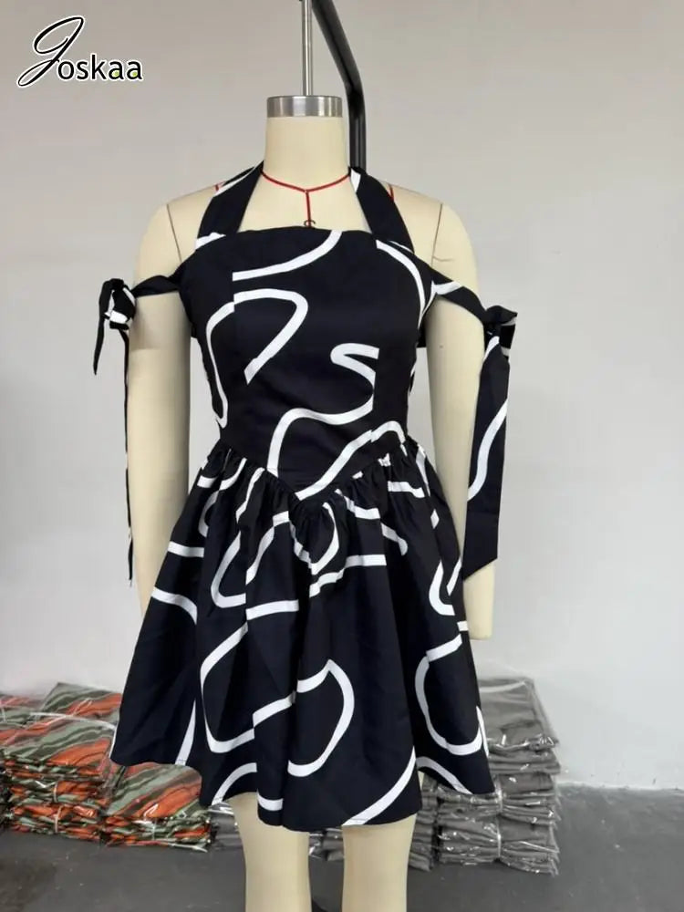 Women's Stripe Lace Backless Halter Mini Dress Blue – Detail View