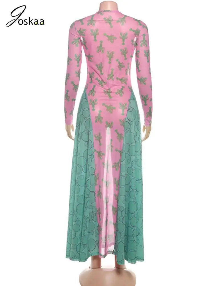Women's Mesh Long Sleeve Fall Crayfish Maxi Dress Pink – Detail View