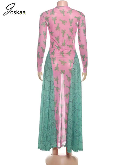 Women's Mesh Long Sleeve Fall Crayfish Maxi Dress Pink – Detail View