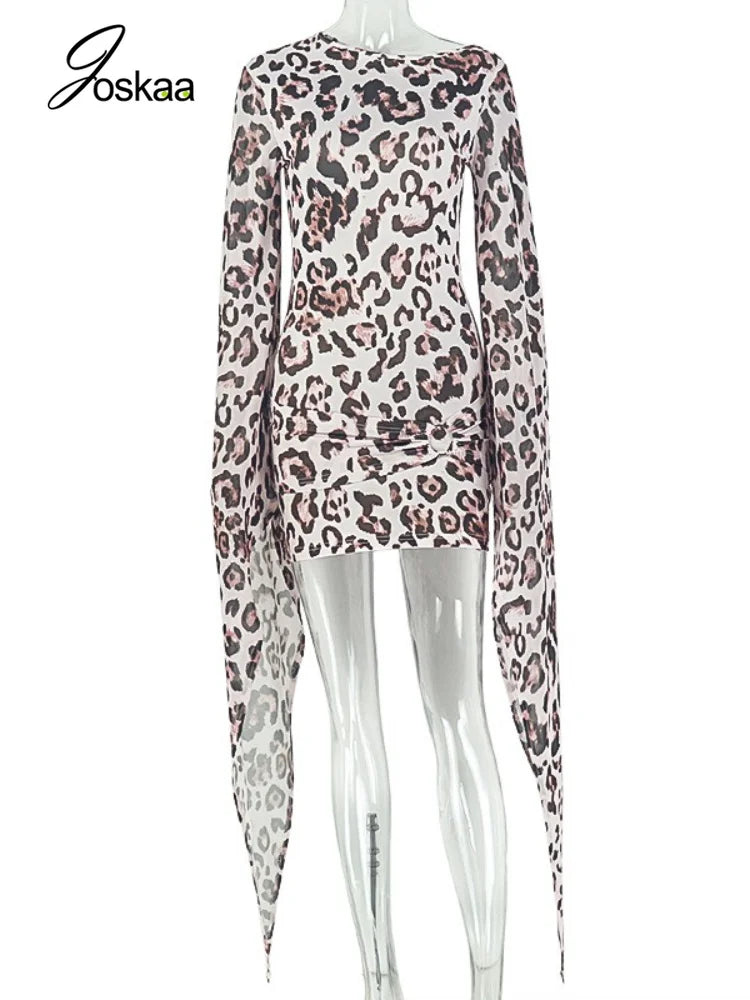 Women's Leopard Print Mesh Bodycon Wide Leg Mini Dress - Back View