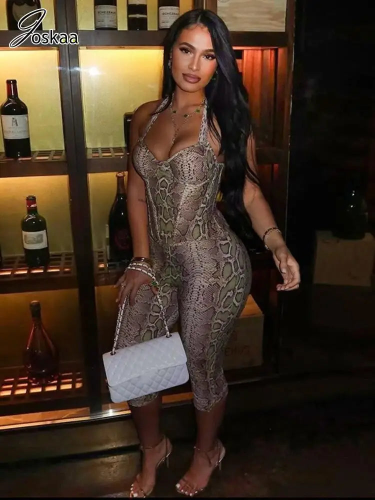 Women's Snake Print Backless Halter Two Piece Set Serpentine – Front View