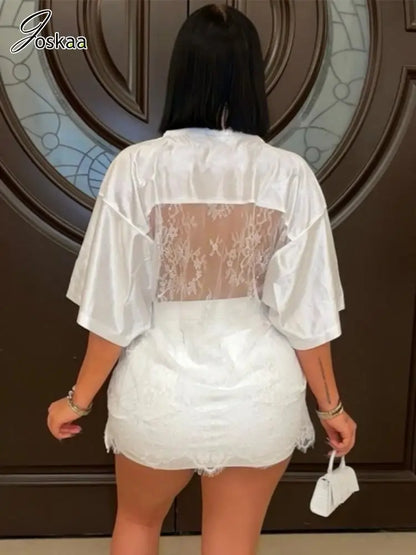 Women's Letter Print Lace Short Sleeve Top Black – Front View