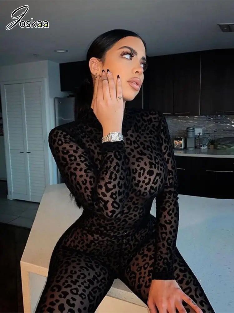 Women's Mesh Long Sleeve Bodycon Jumpsuit Romper Black – Side View