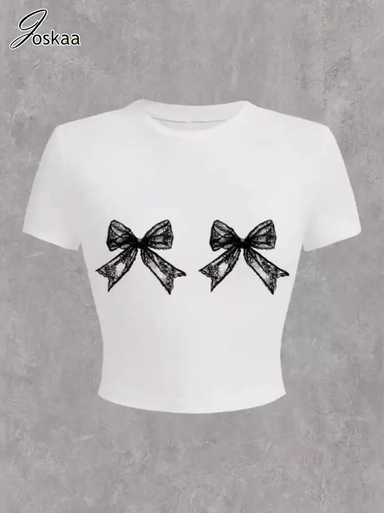 Wholesale Women's Short Sleeve T-shirts Round Top Black Bow Print – Side View