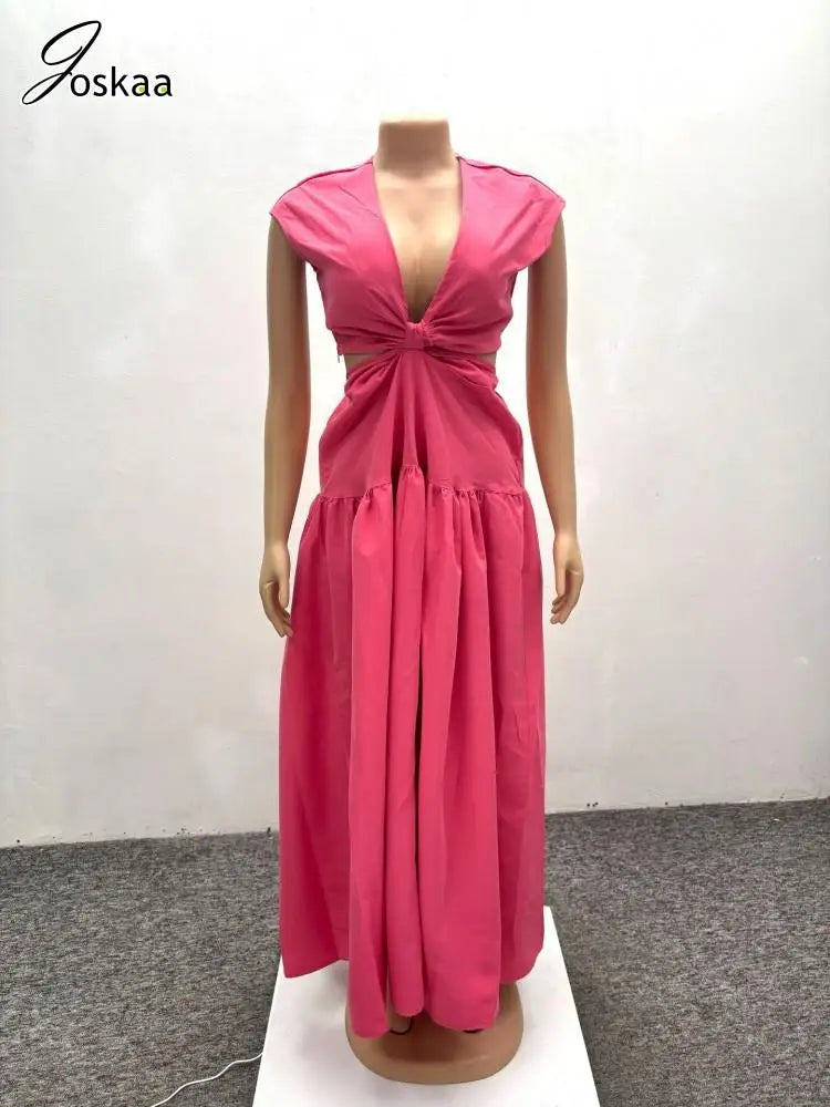 Wholesale Women's Elegant Deep V-neck Maxi Dress Pink – Back View