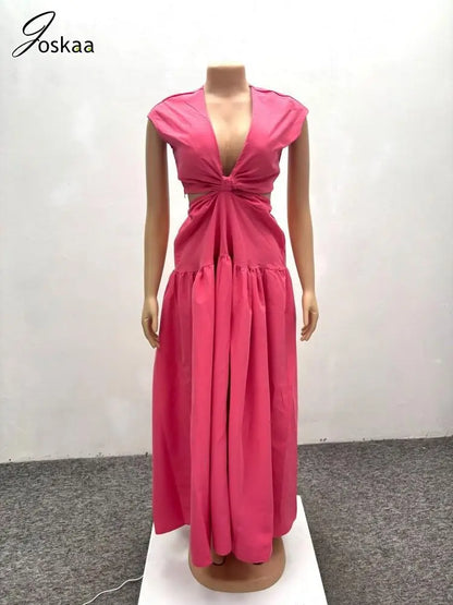 Wholesale Women's Elegant Deep V-neck Maxi Dress Pink – Back View