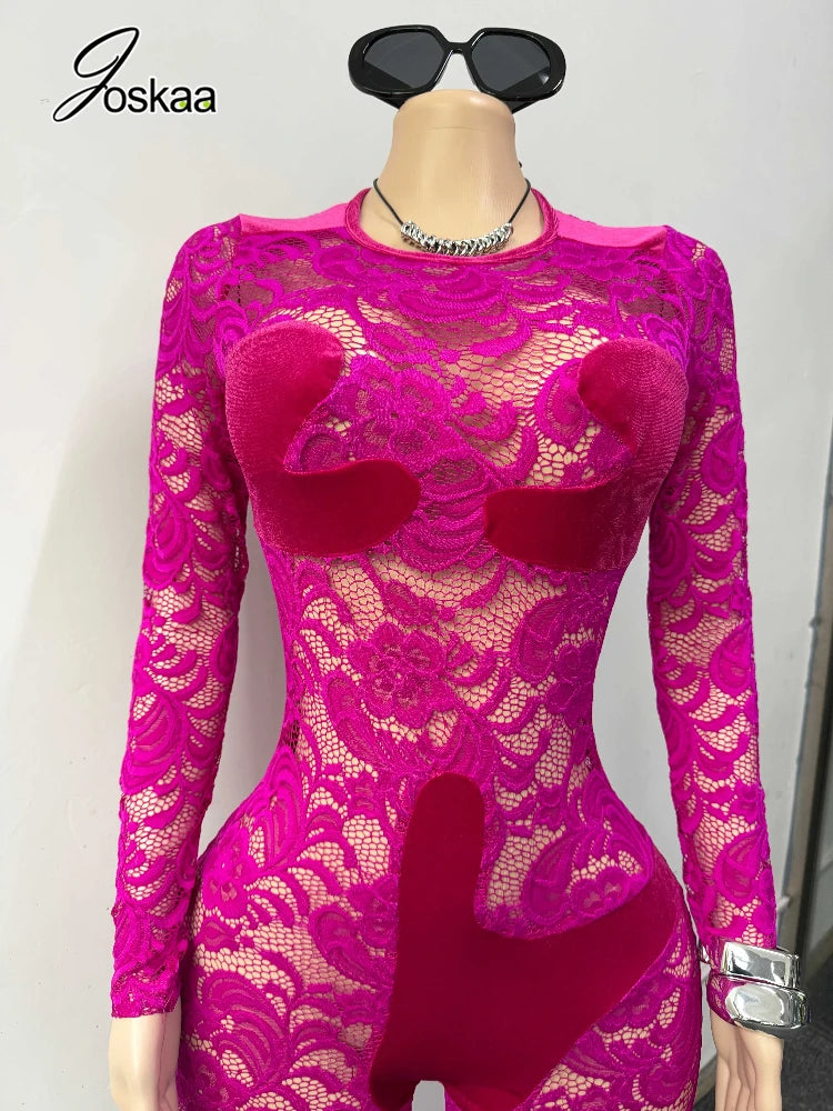 Women's Floral Print Lace Mesh Velvet Romper Purple – Back View