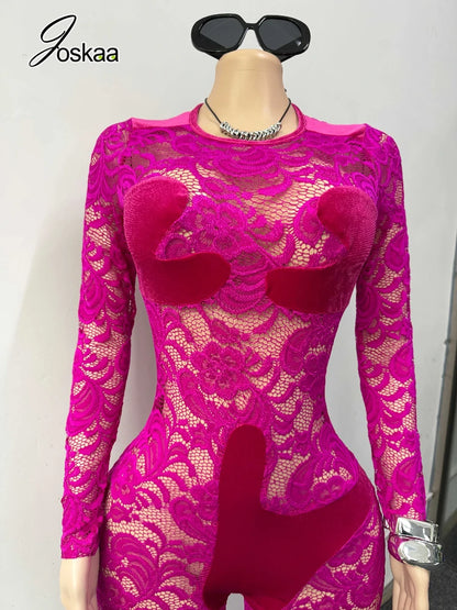 Women's Floral Print Lace Mesh Velvet Romper Purple – Back View