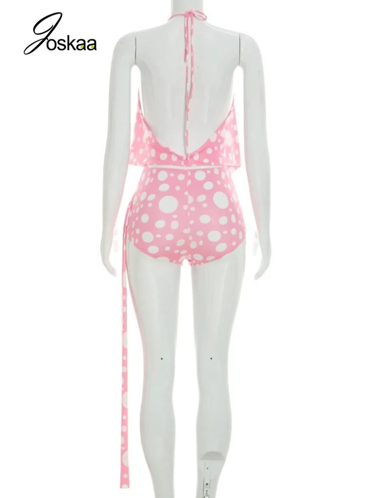 Women's Polka Dot Backless Halter Two Piece Set Pink – Detail View