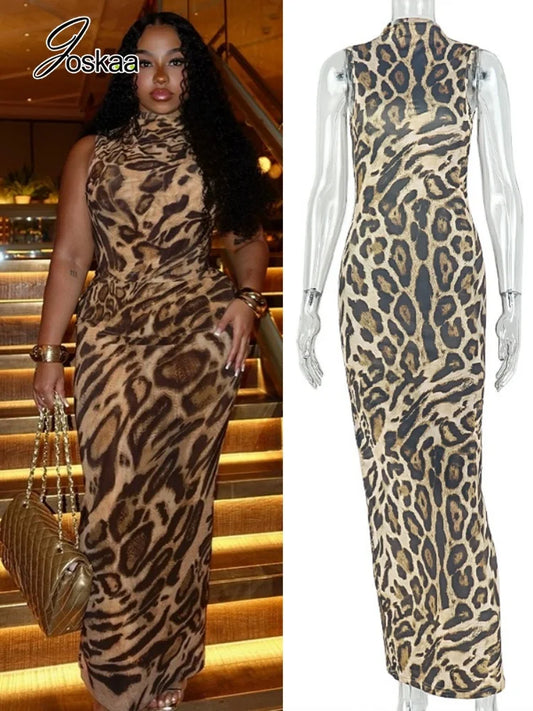 Women's Leopard Print Sleeveless Bodycon Maxi Dress - Women's Fashion Wholesale - Front View