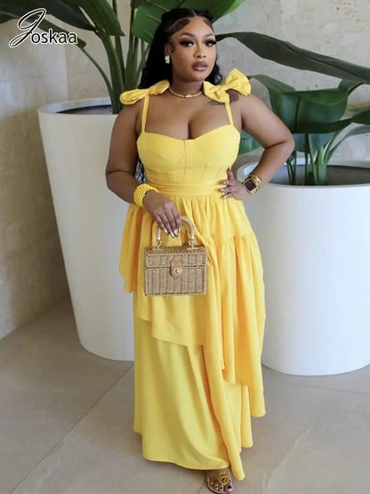 Wholesale Women's Bow Tie Neck Maxi Dress Lemon Yellow – Side View