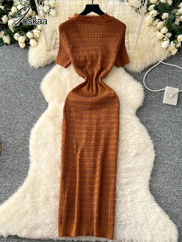 Women's Knit Short Sleeve Ribbed Bodycon Dress Wine Red – Detail View
