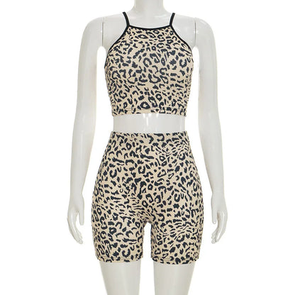 Women's Leopard Print Crop High Waist Two Piece Set
