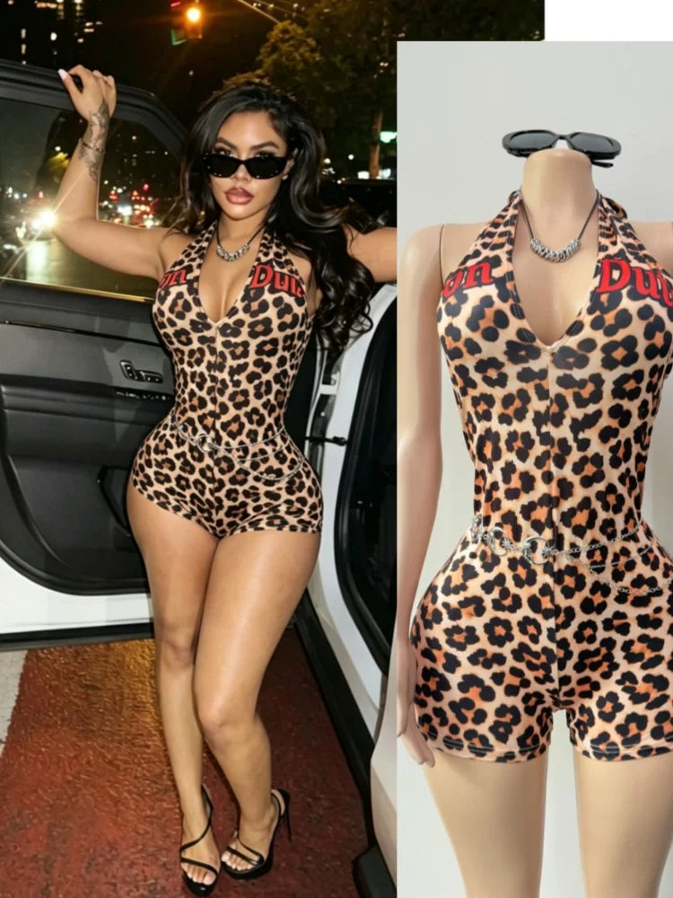 Women's Backless V-neck Halter Sleeveless Romper - Front View