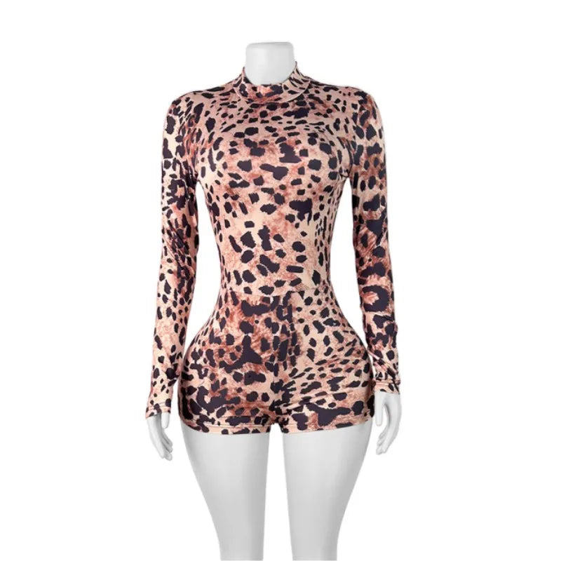 Women's Leopard Print Long Sleeve Bodycon Romper