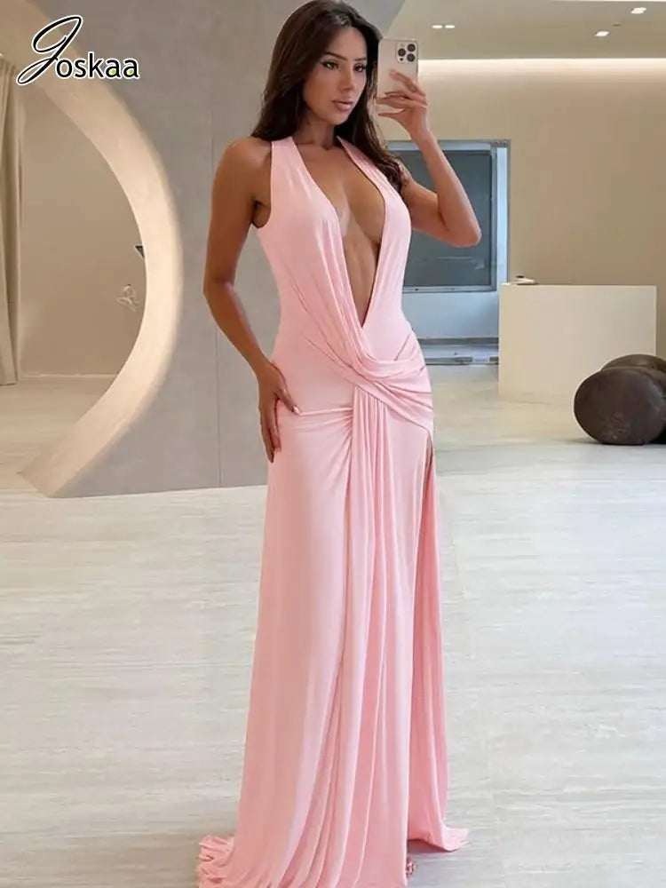 Women's Ruched Backless Halter Bodycon Dress Black – Front View