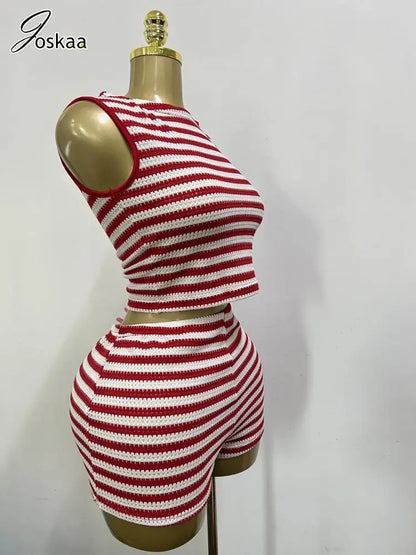 Women's Stripe Knit Crop Bodycon Two Piece Set Black White Stripes – Front View