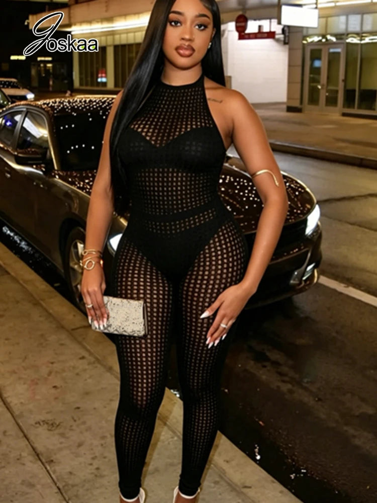 Women's Lace Backless Cutout Halter Romper Black – Side View