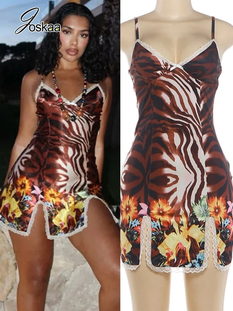 Women's Floral Print Striped Lace V-neck Mini Dress - Women's Fashion Wholesale - Front View