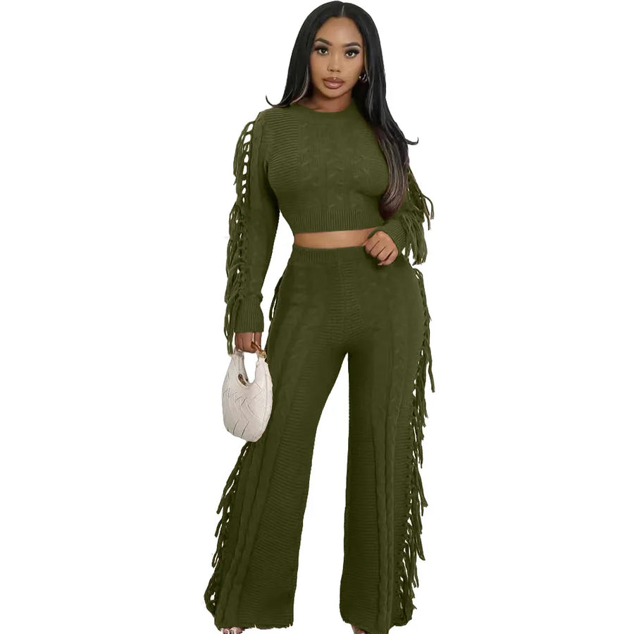 Women's Knit Long Sleeve Ribbed Two Piece Set