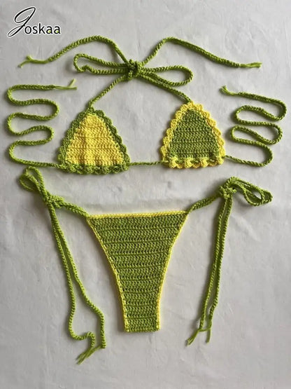 Women's Knit Ribbed Swimwear Crochet Bikini Set Green Yellow – Front View