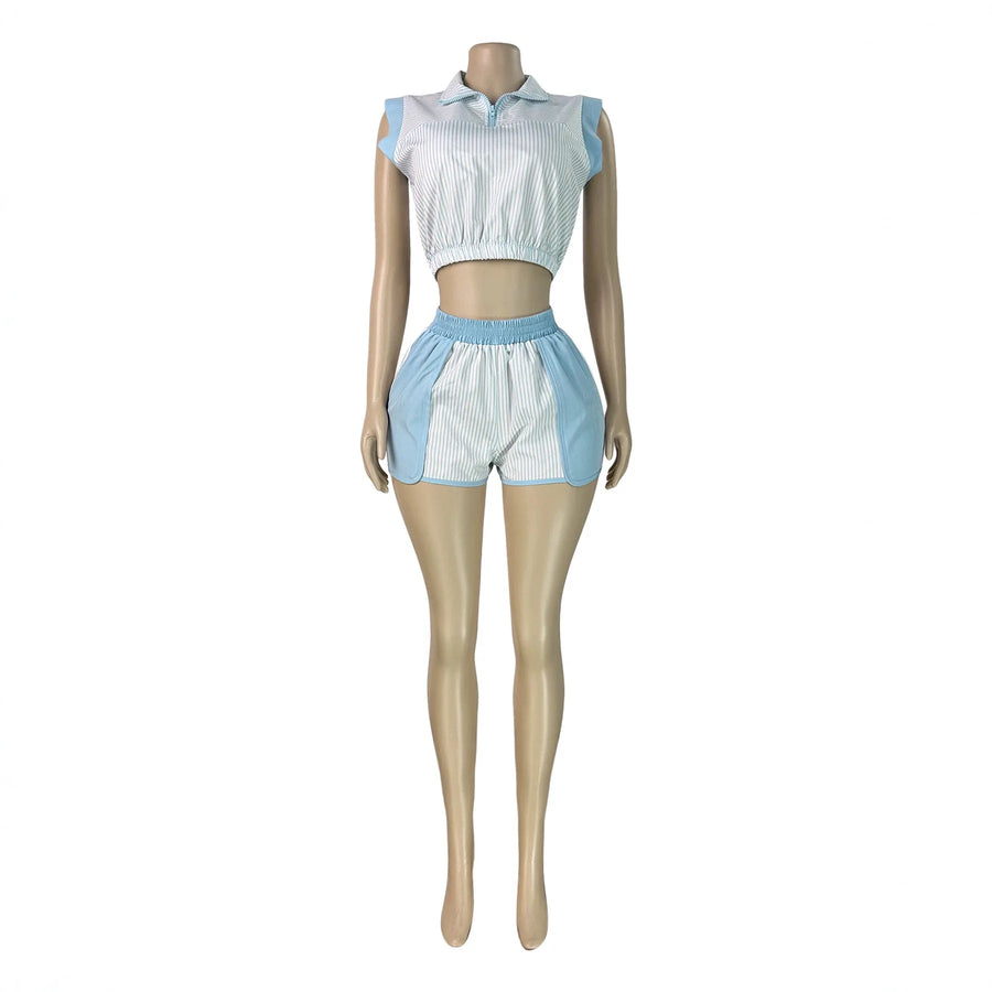 Women's Striped Zip Up Sleeveless Two Piece Set - Additional View 7