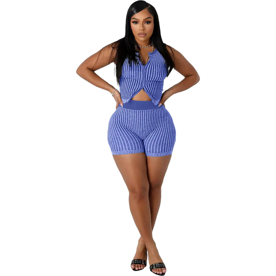 Women's Stripe Knit Crop Ribbed Zip Two Bikini Set