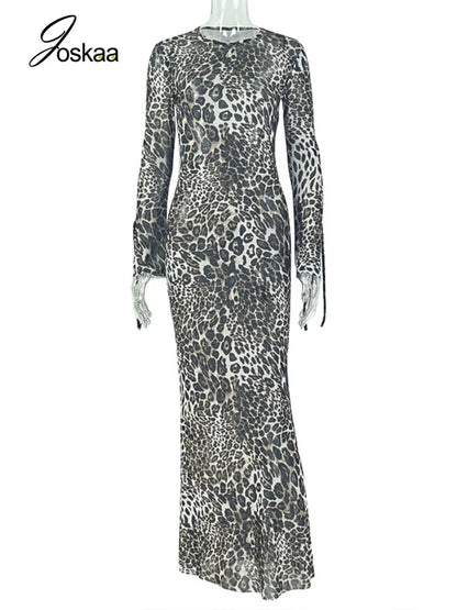 Women's Leopard Print Mesh Bodycon Maxi Dress Leopard Print – Back View