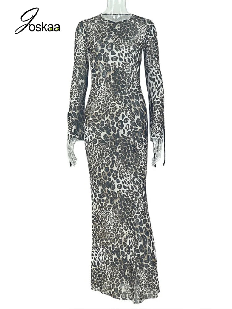 Women's Leopard Print Mesh Bodycon Maxi Dress Leopard Print – Back View