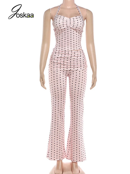 Women's Polka Dot Backless Halter Two Piece Set Pink – Back View