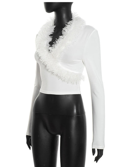 Joskaa Long Sleeve Crop Top Furry Patchwork Tops - top image 3