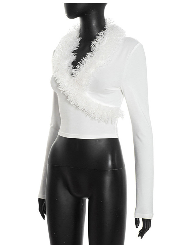 Joskaa Long Sleeve Crop Top Furry Patchwork Tops - top image 3